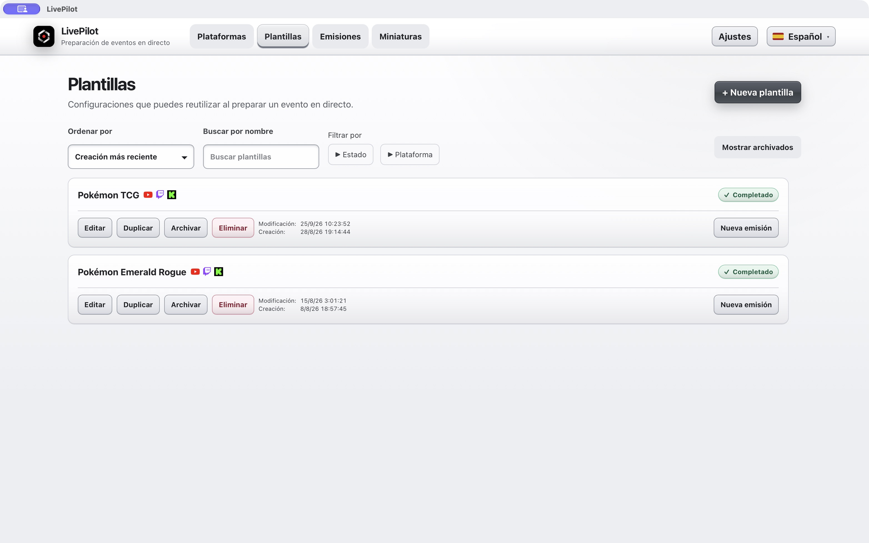 Pantalla de plantillas reutilizables de LivePilot